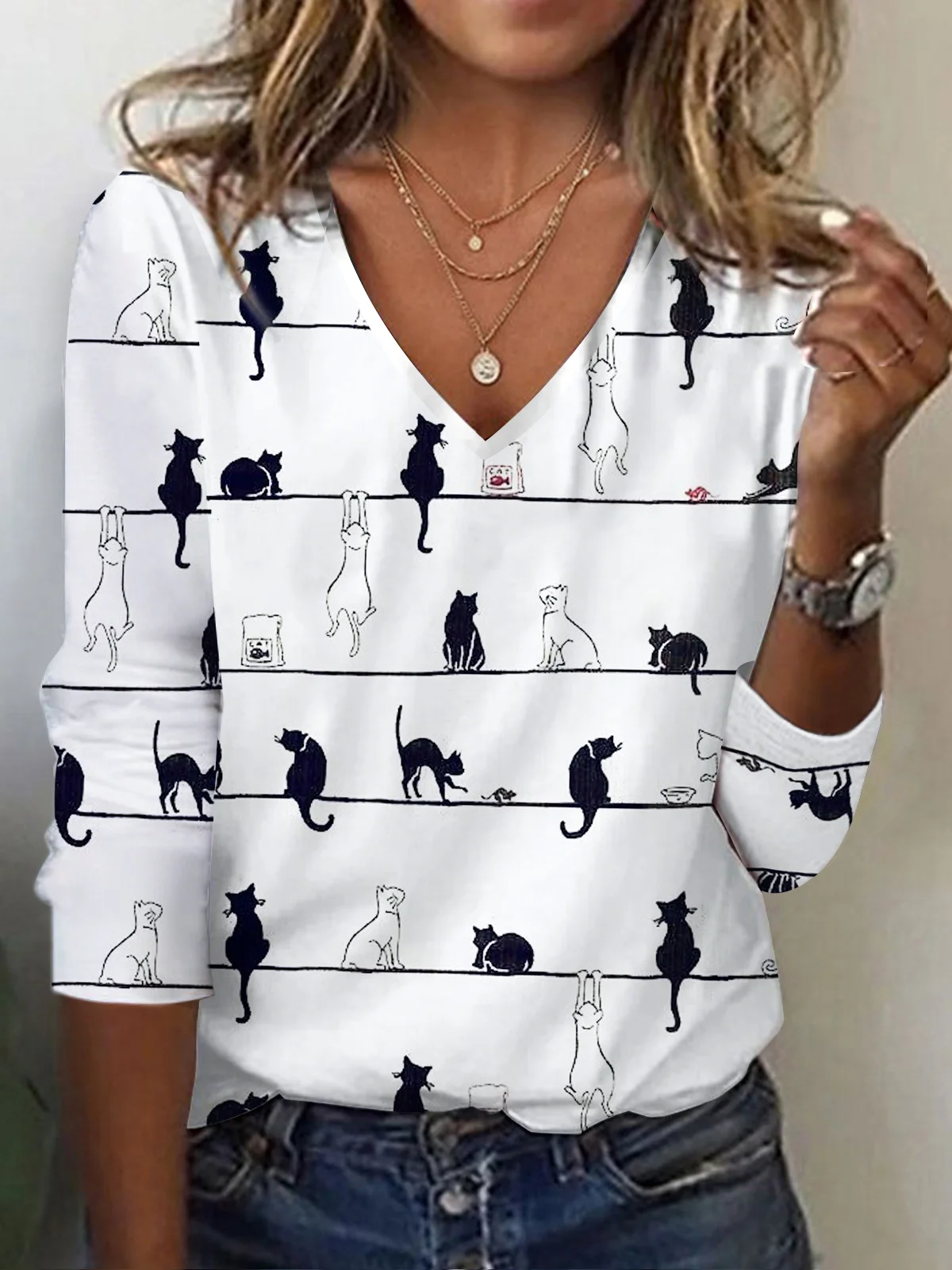 Casual Cat V Neck Long Sleeve T-shirt