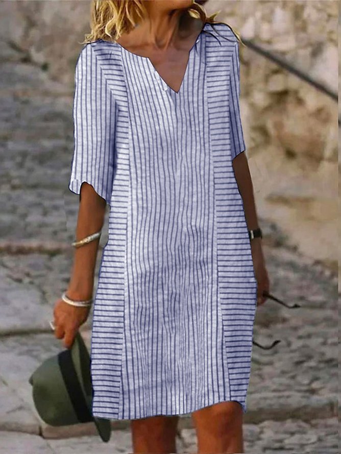 Women Striped V Neck Three Quarter Sleeve Comfy Casual Midi Dress