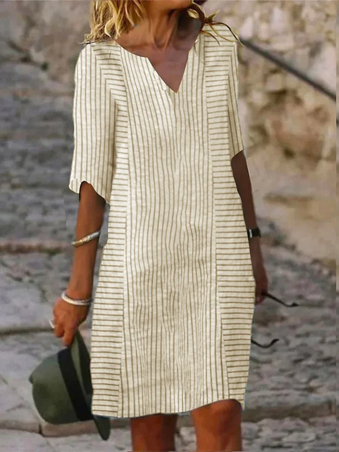 Women Striped V Neck Three Quarter Sleeve Comfy Casual Midi Dress