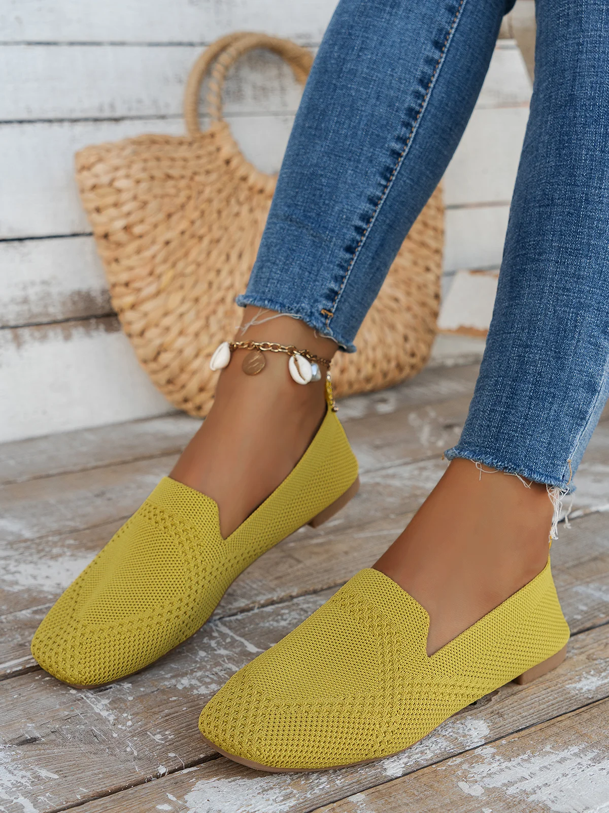 Casual Breathable Mesh Fabric Square Toe Slip On Shoes