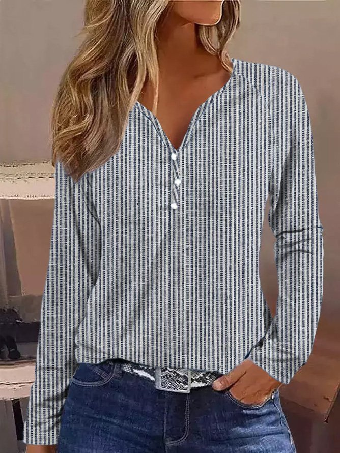 V Neck Long Sleeve Striped Regular Loose Shirt For Women 2023