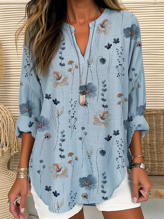 Shirt Collar Long Sleeve Floral Regular Loose Blouse For Women