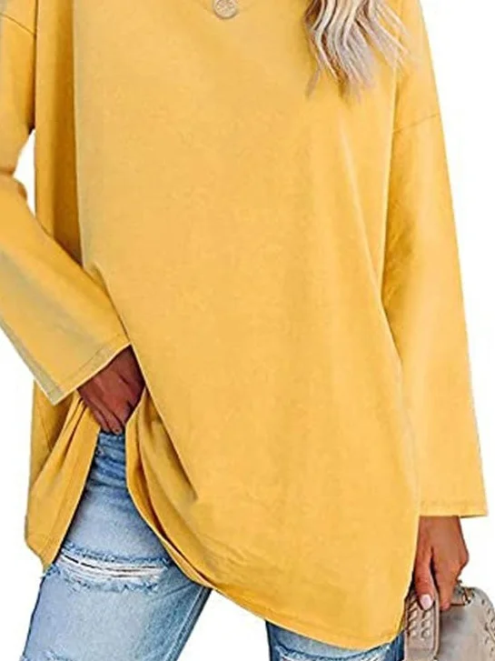 Casual Plain V Neck Long Sleeve T-shirt