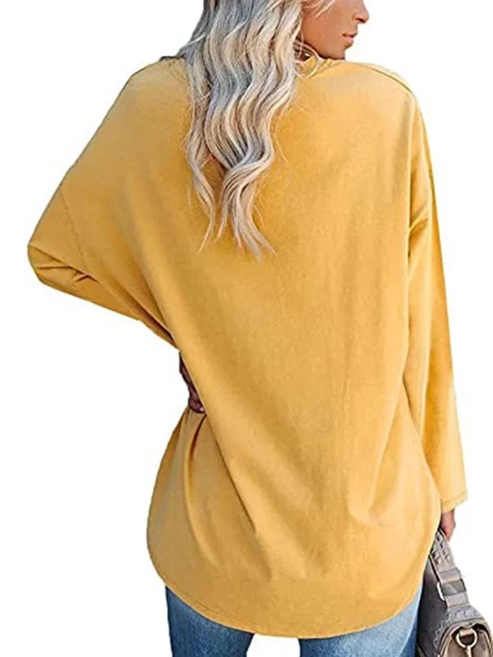 Casual Plain V Neck Long Sleeve T-shirt