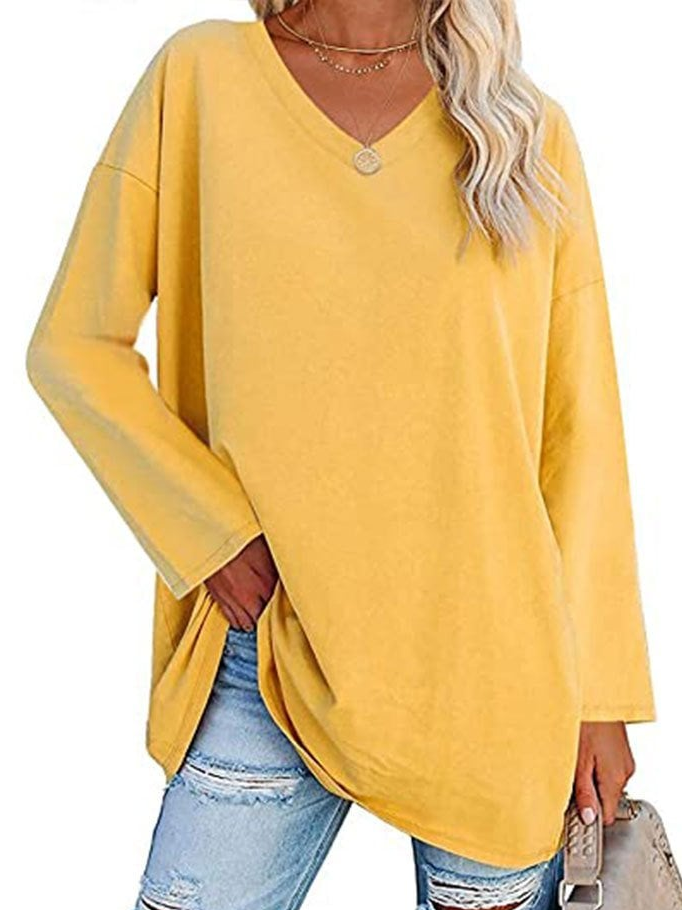 Casual Plain V Neck Long Sleeve T-shirt