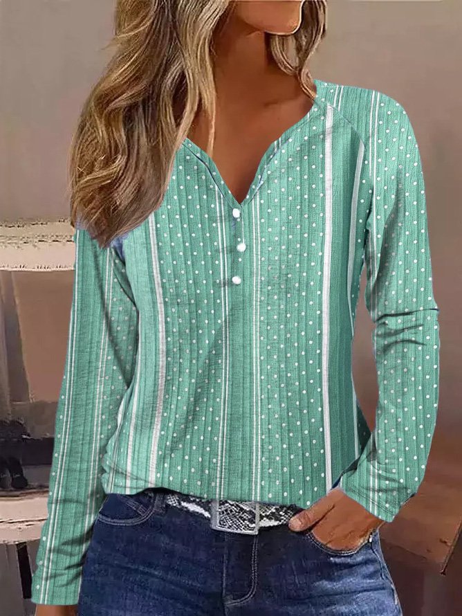 Casual Geometric V Neck Long Sleeve T-shirt