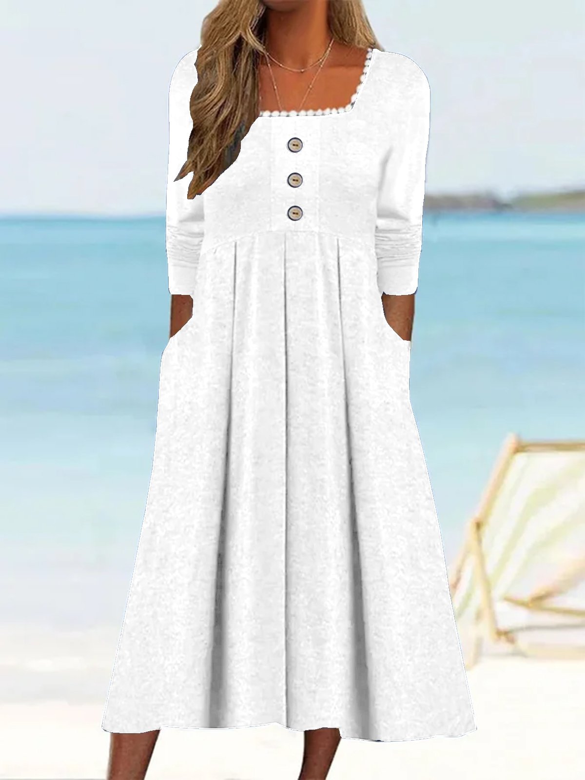 Women Plain Square Neck Long Sleeve Comfy Elegant Buttoned Midi Dress