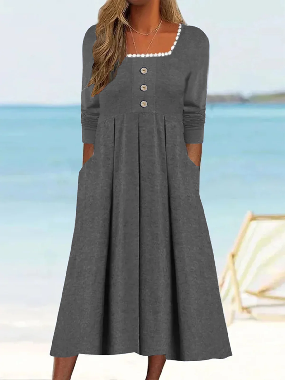 Women Plain Square Neck Long Sleeve Comfy Elegant Buttoned Midi Dress