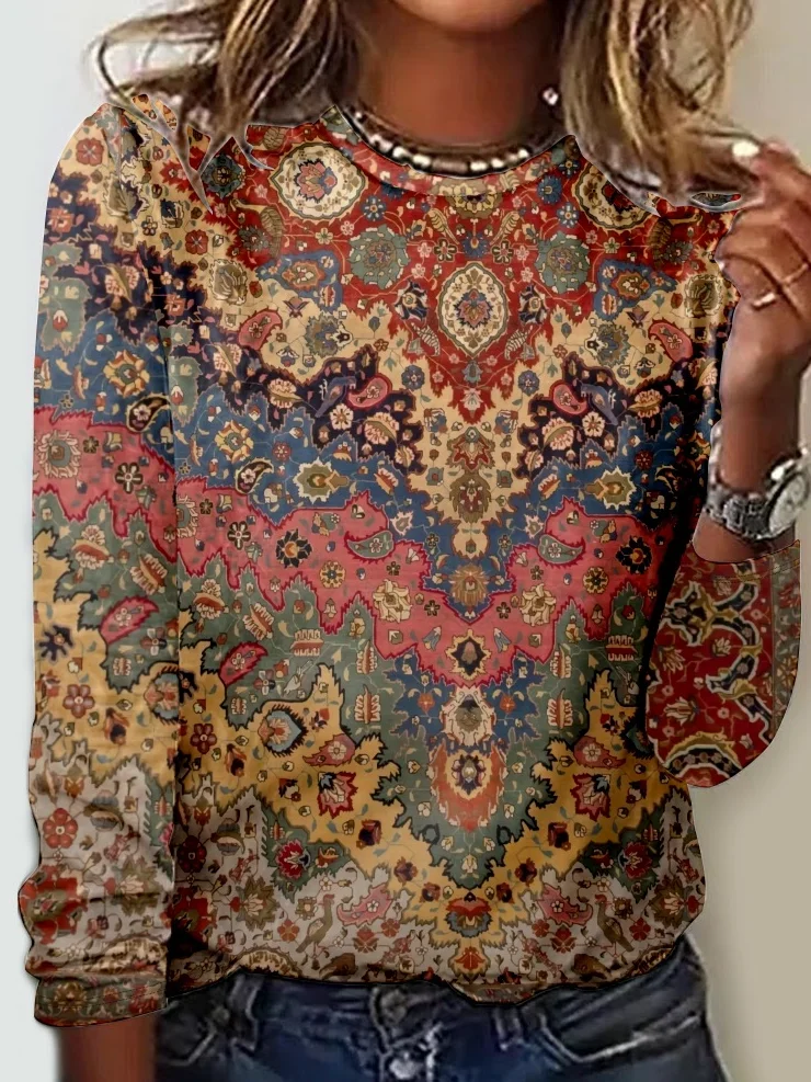 Crew Neck Long Sleeve Ombre Regular Micro-Elasticity Regular Fit Blouse For Women