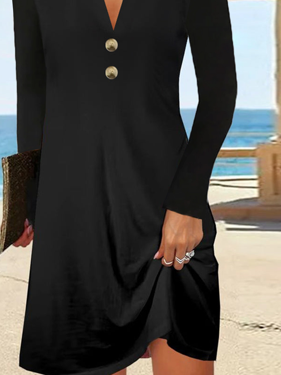 Women Plain V Neck Long Sleeve Comfy Casual Midi Dress