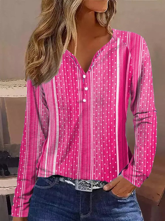 Casual Geometric V Neck Long Sleeve T-shirt