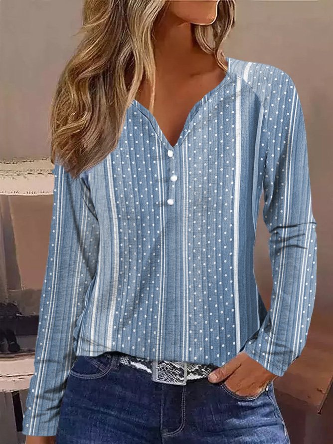 Casual Geometric V Neck Long Sleeve T-shirt