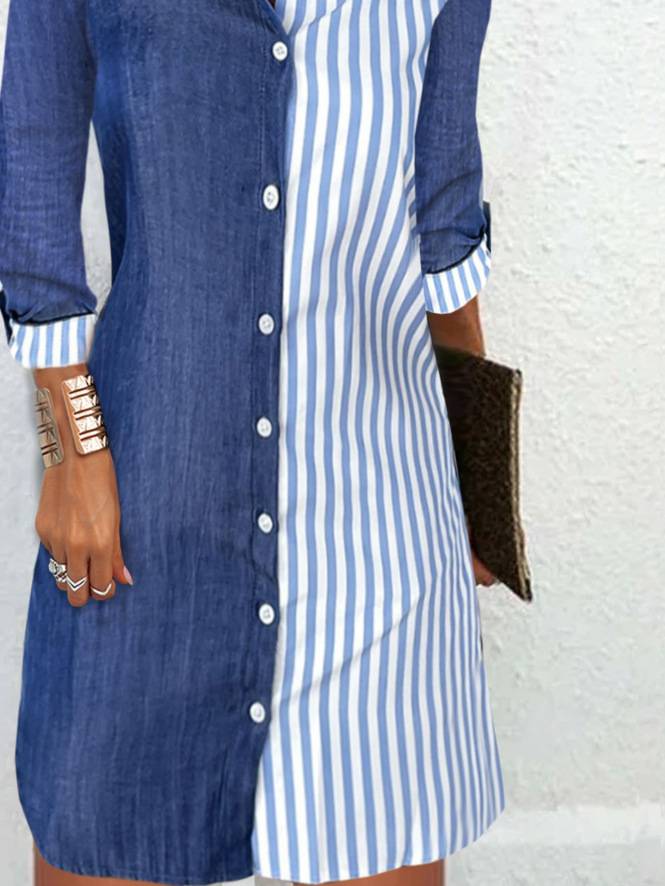 Women Striped Shirt Collar Long Sleeve Comfy Casual Buckle Midi Dress