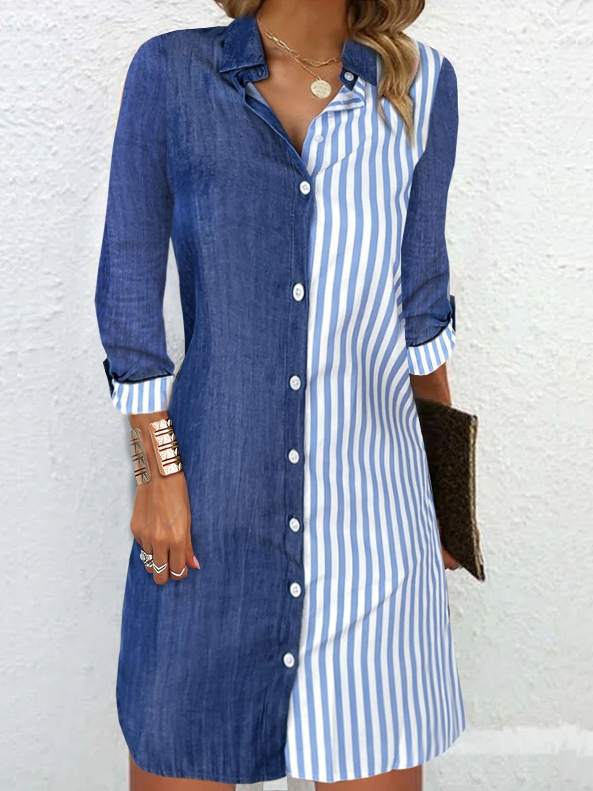 Women Striped Shirt Collar Long Sleeve Comfy Casual Buckle Midi Dress