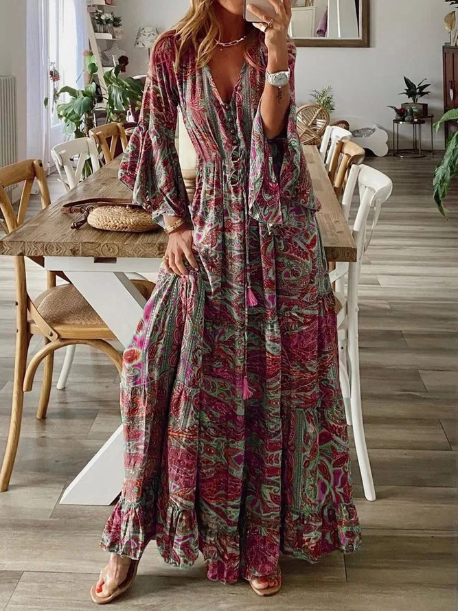 Women Floral V Neck Long Sleeve Comfy Boho Maxi Dress | noracora