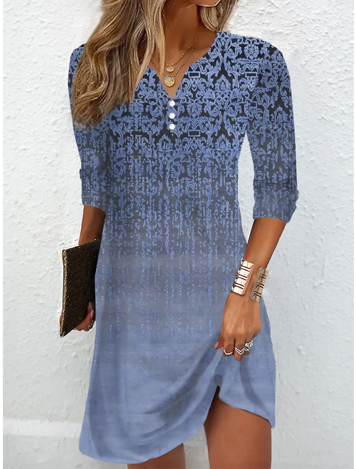 Women Ethnic V Neck Long Sleeve Comfy Casual Short Dress