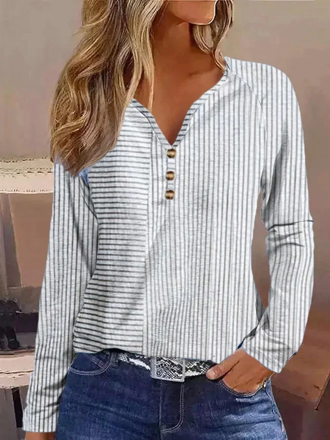 Casual Striped V Neck Long Sleeve T-shirt