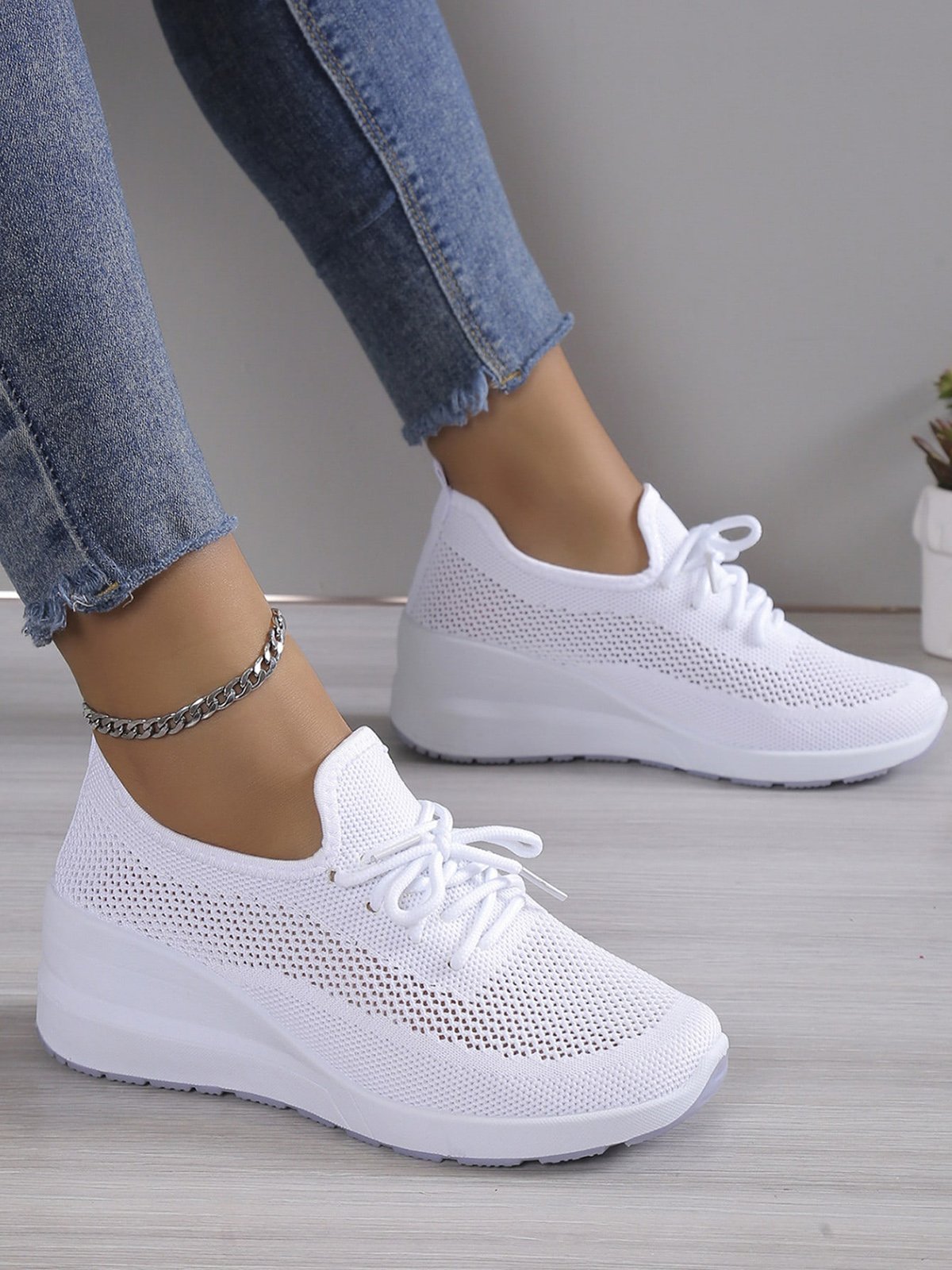 Casual Plain Breathable Lace-Up Block Heel Fly Woven Shoes Hollow Out ...