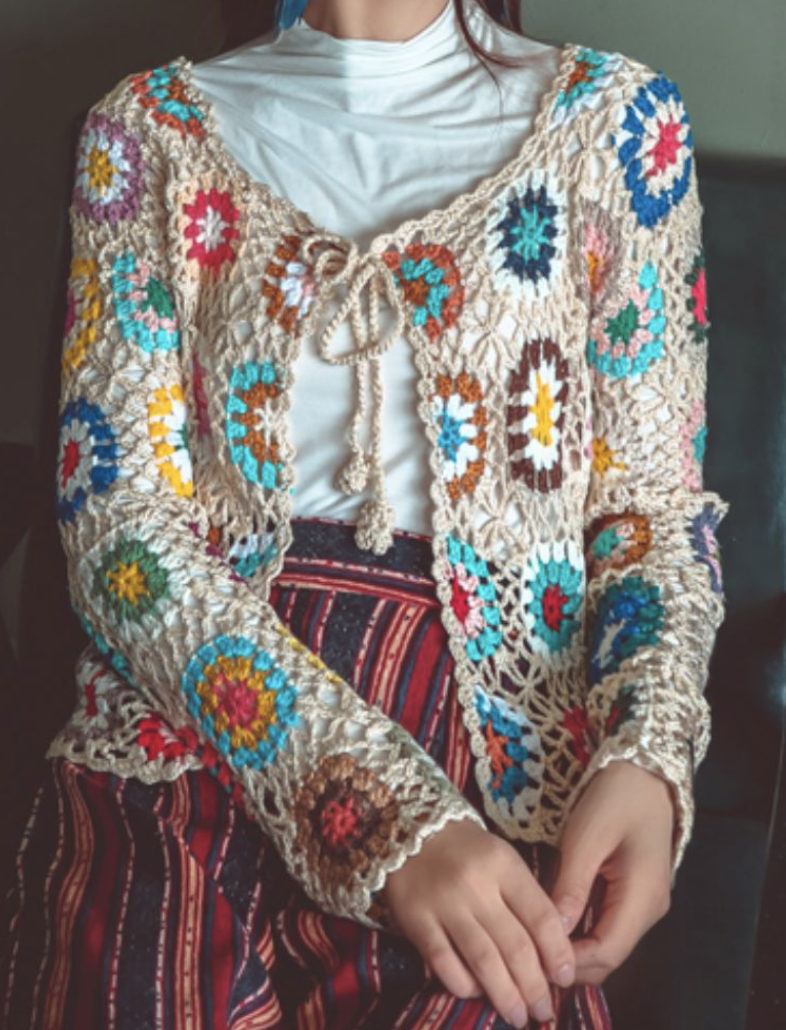 Women Woven Ethnic Long Sleeve Comfy Boho Hollow Out Cardigan