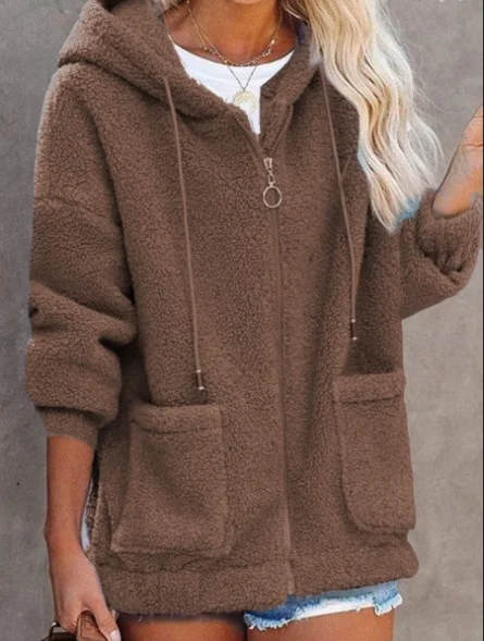 Hoodie Long Sleeve Plain Heavyweight Micro-Elasticity Loose Hooded Teddy Jacket For Women