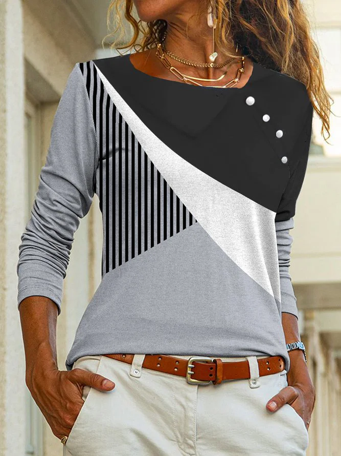 Long Sleeve Color Block Regular Loose Shirt For Women