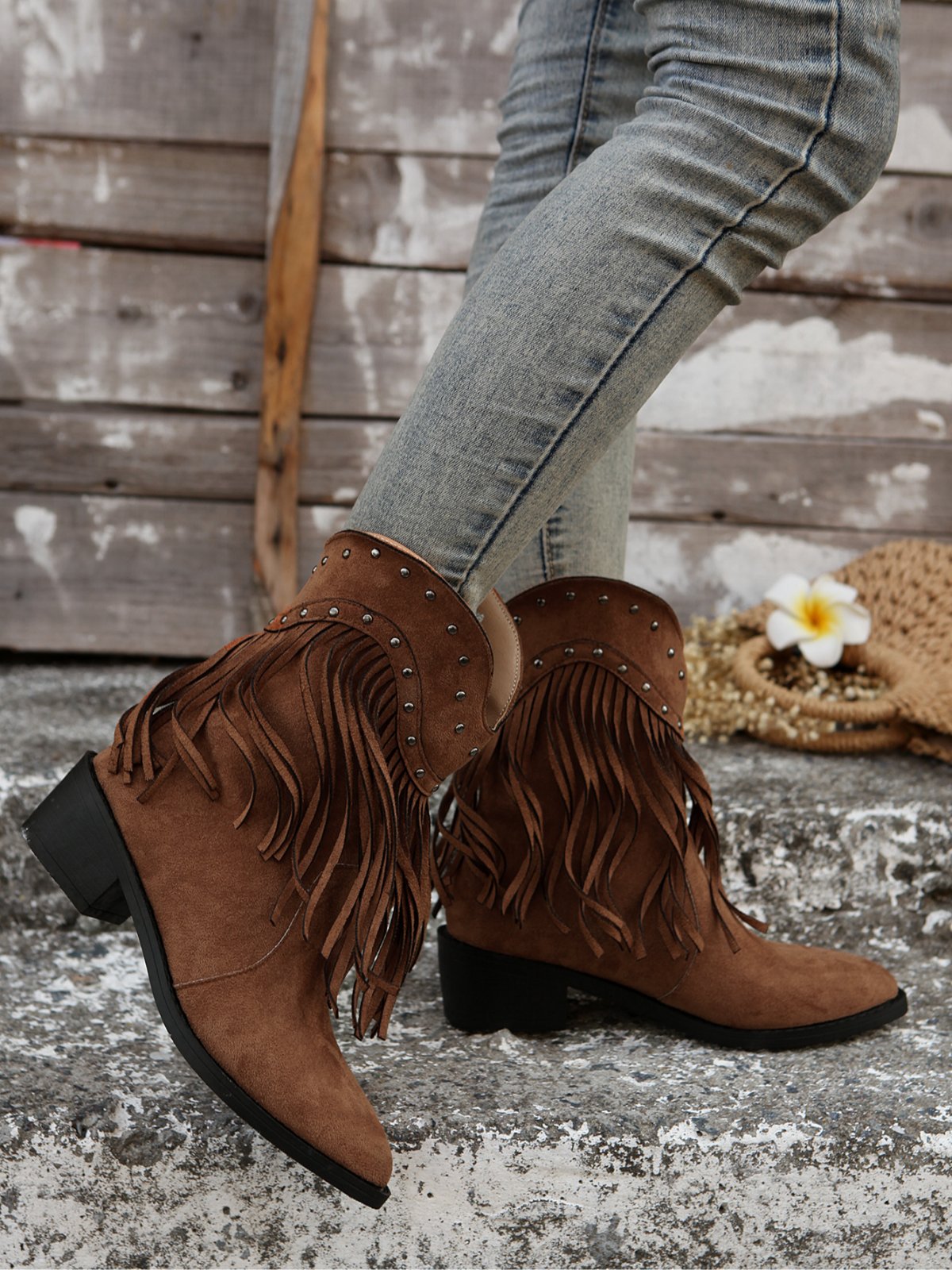 West Style Plain Non-Slip Slip On Block Heel Cowboy Boots Rivet
