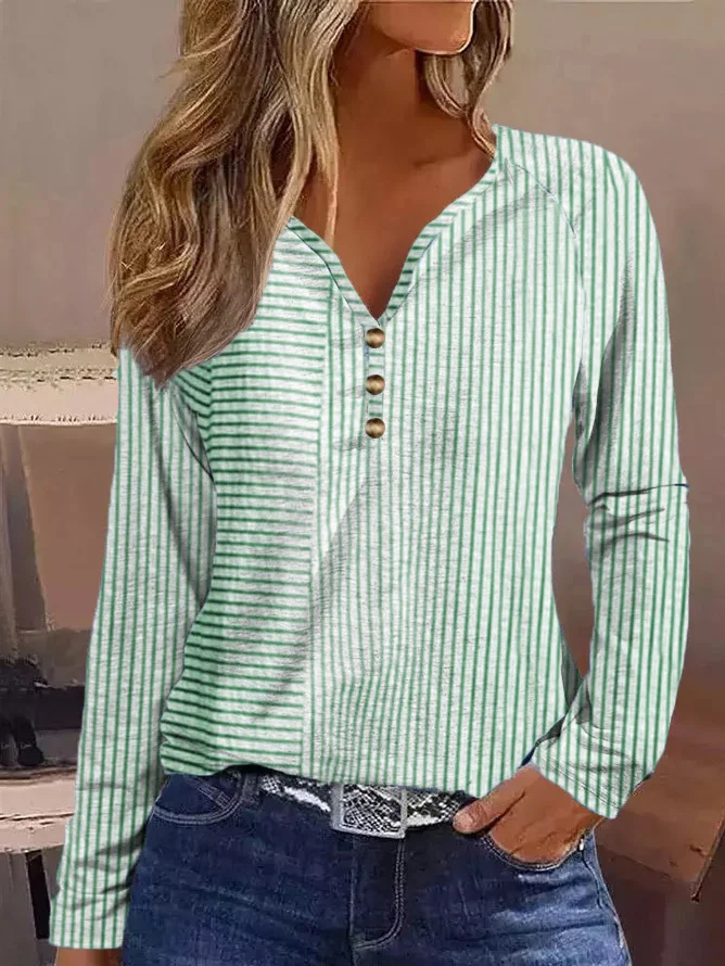 Casual Striped V Neck Long Sleeve T-shirt