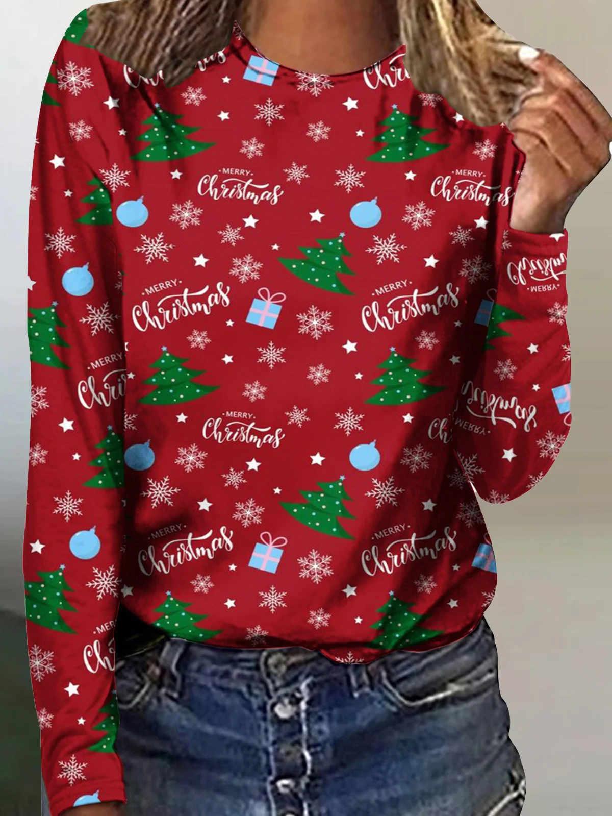 Casual Christmas Crew Neck Long Sleeve T-shirt