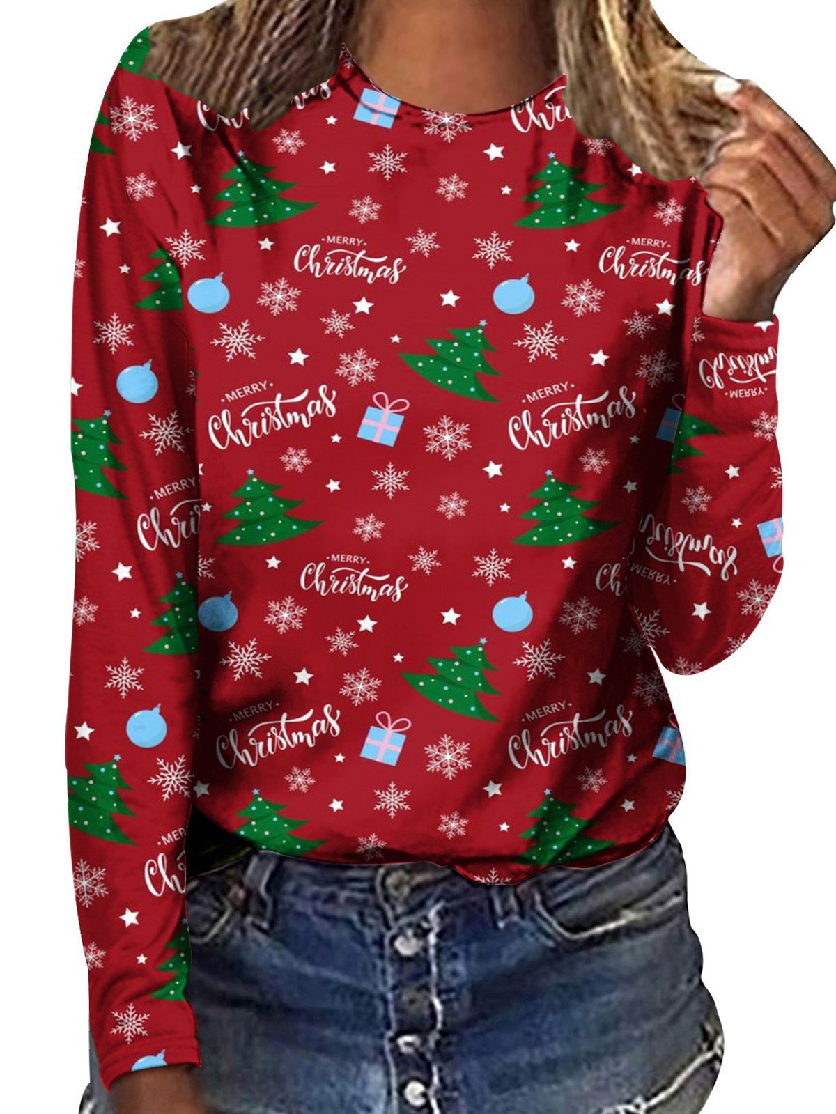 Casual Christmas Crew Neck Long Sleeve T-shirt