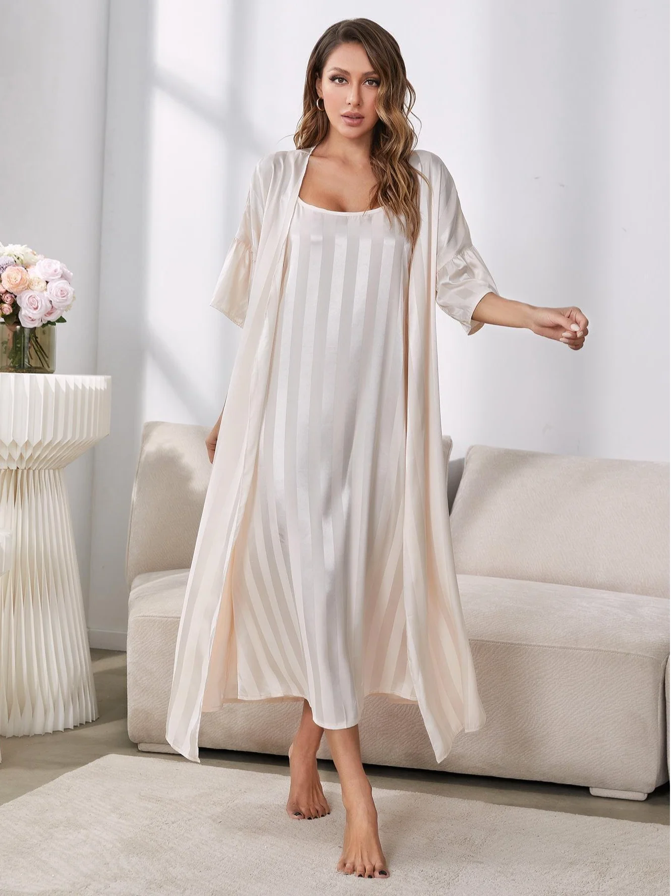 Sexy Loose Colorblock Crew Neck Two Piece Nightgown Set