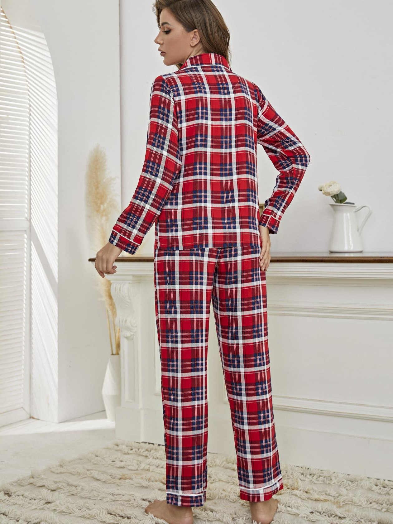 Superfine Fiber Casual Loose Regular Long Sleeve Plaid Pajama Set