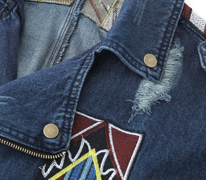 Ethnic Boho Embroidery Zipper Ripped Long Sleeve Buckle Pockets Denim Jacket