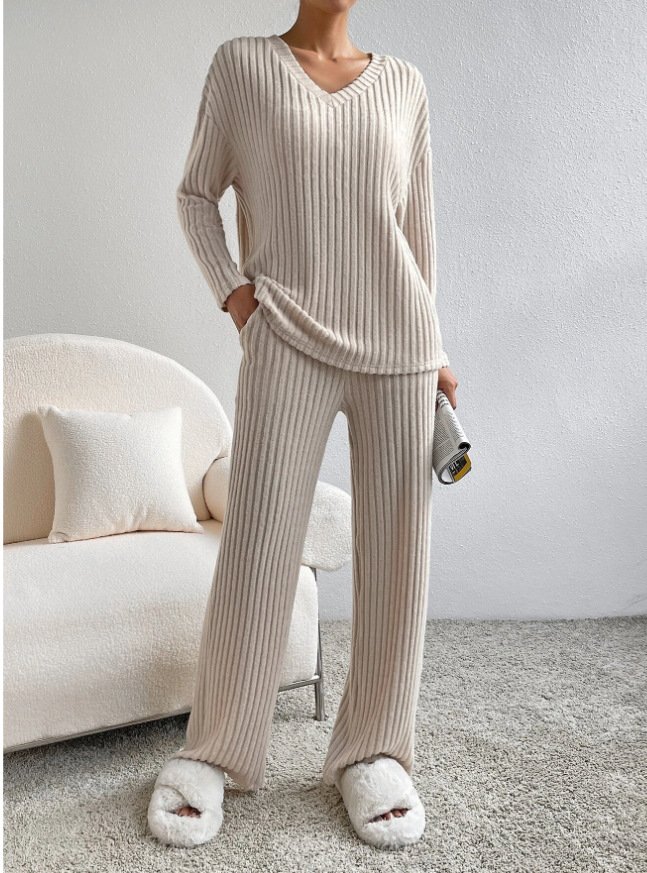 Women Plain V Neck Long Sleeve Comfy Casual Top With Pants Two-Piece Set
