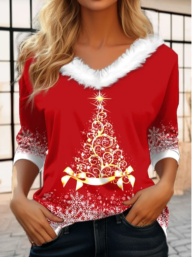 Casual Christmas V Neck Long Sleeve T-shirt