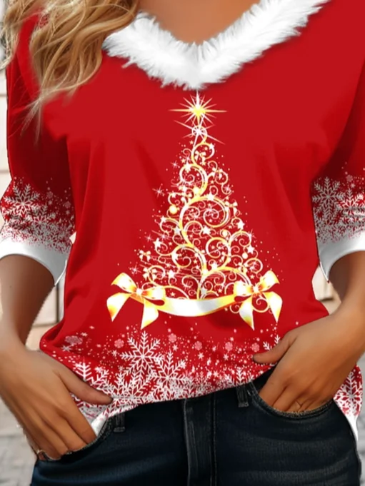 Casual Christmas V Neck Long Sleeve T-shirt