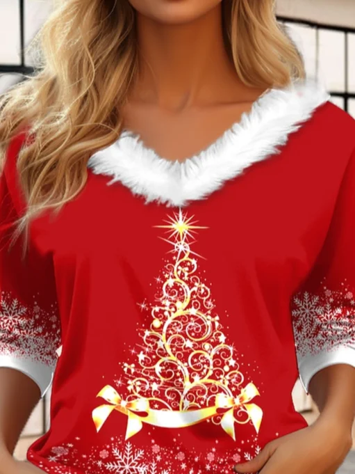 Casual Christmas V Neck Long Sleeve T-shirt