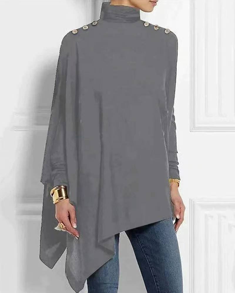 Turtleneck Long Sleeve Plain Buttoned Regular Micro-Elasticity Regular Fit Shirt For Women