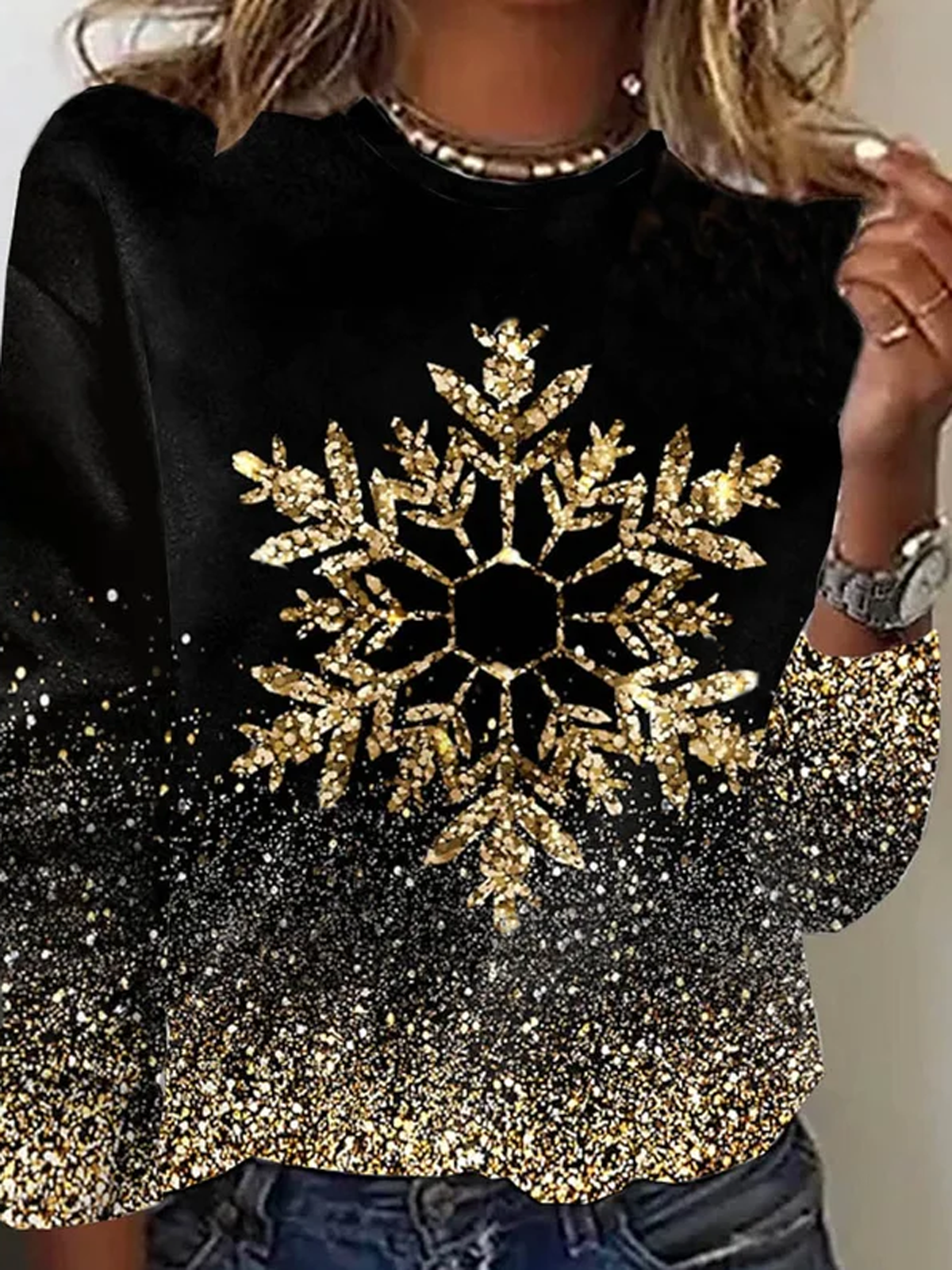 Casual Christmas Snow Print Crew Neck Long Sleeve T-shirt