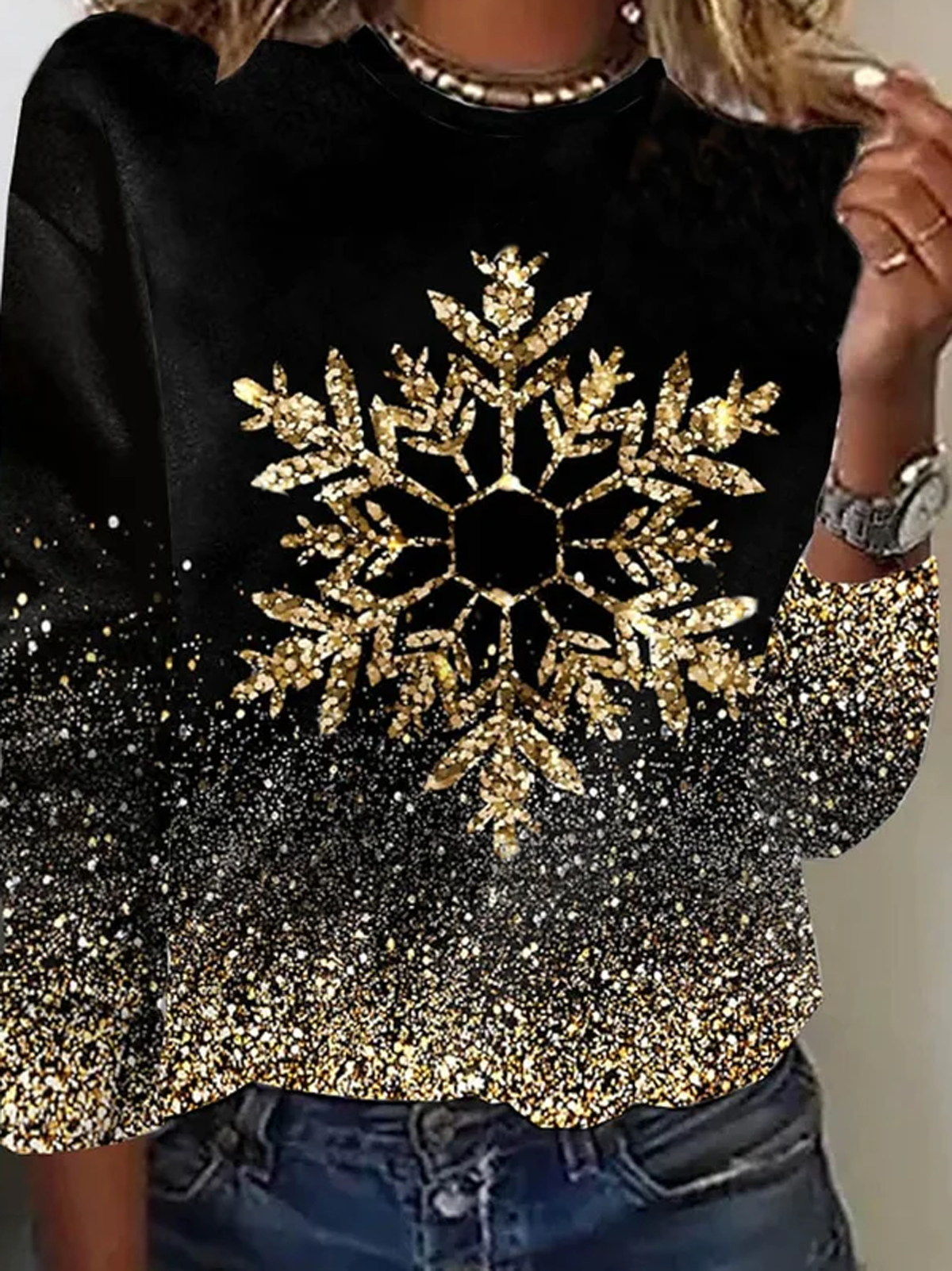 Casual Christmas Snow Print Crew Neck Long Sleeve T-shirt