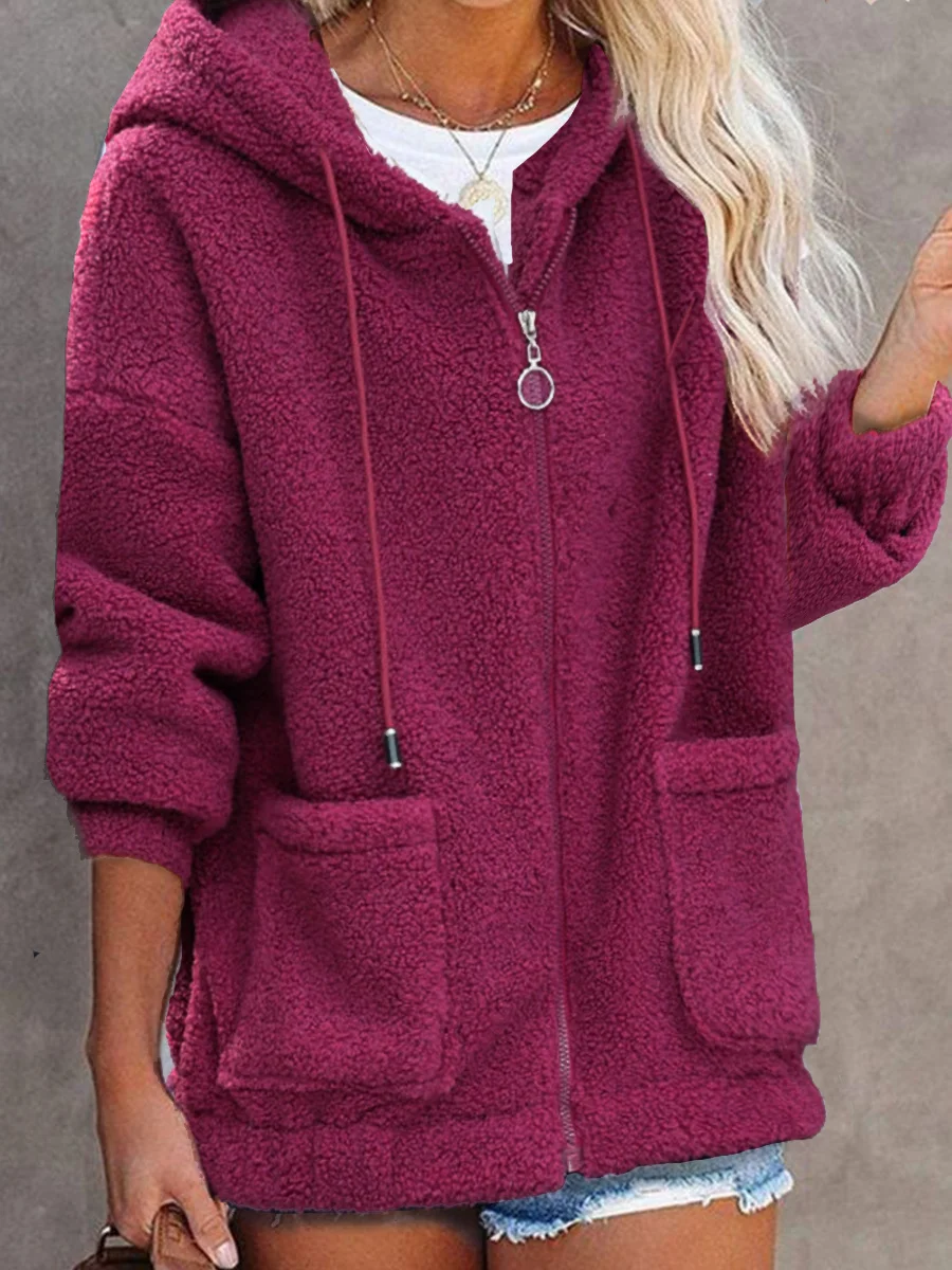 Hoodie Long Sleeve Plain Heavyweight Micro-Elasticity Loose Hooded Teddy Jacket For Women