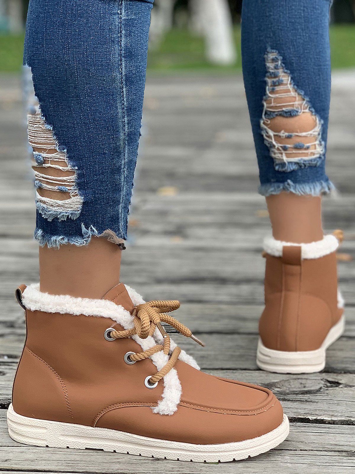 Casual Plain Lace-Up Flat Heel Classic Boots Moccasin