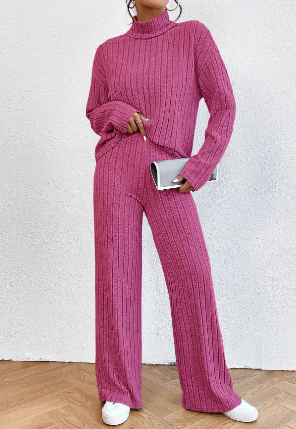 Women Plain Turtleneck Long Sleeve Comfy Casual Top With Pants Two-Piece Set