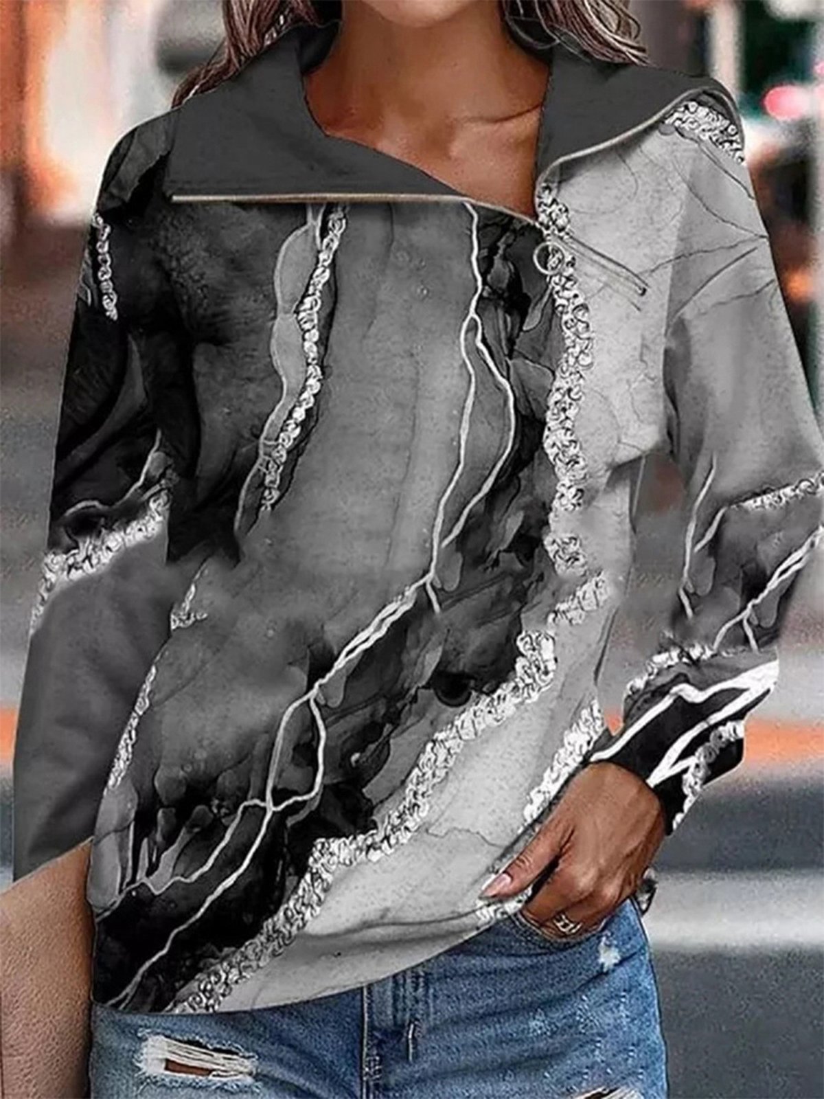 Casual Asymmetrical Abstract Sweatshirt Zipper