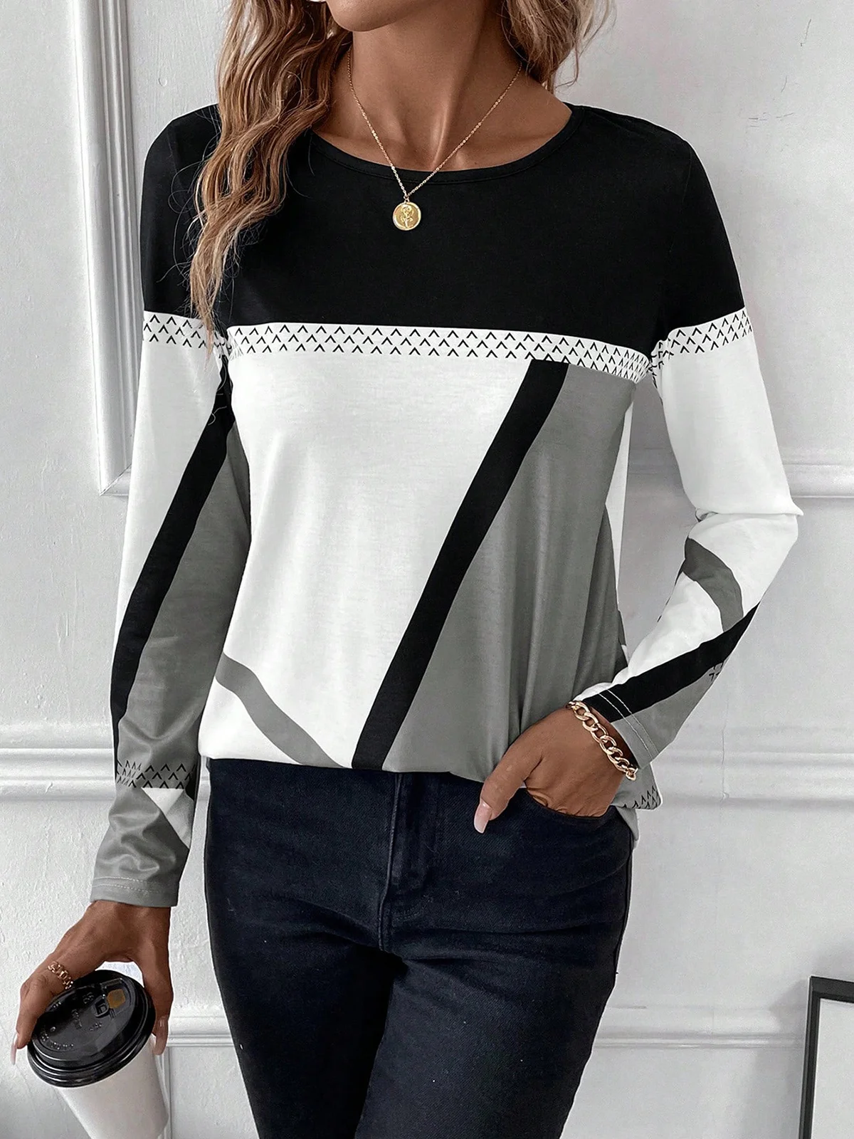 Casual Color Block Crew Neck Long Sleeve T-shirt