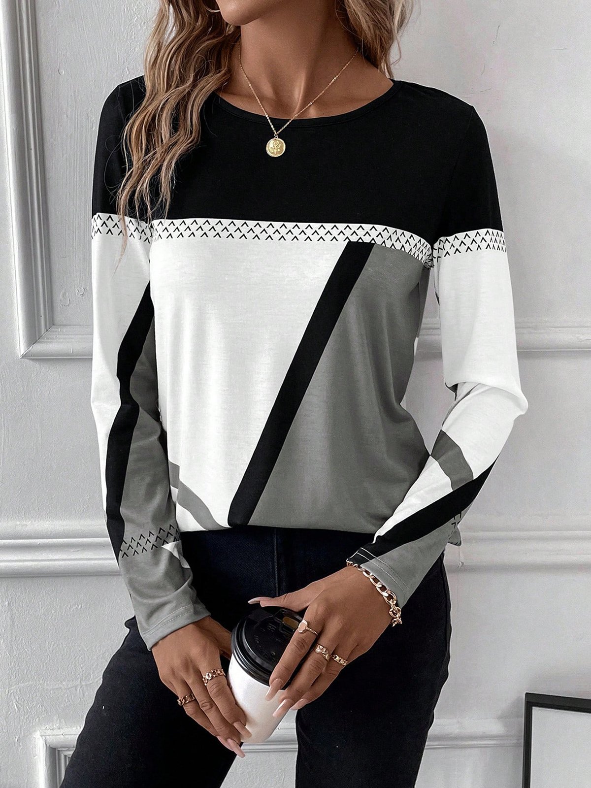 Casual Color Block Crew Neck Long Sleeve T-shirt