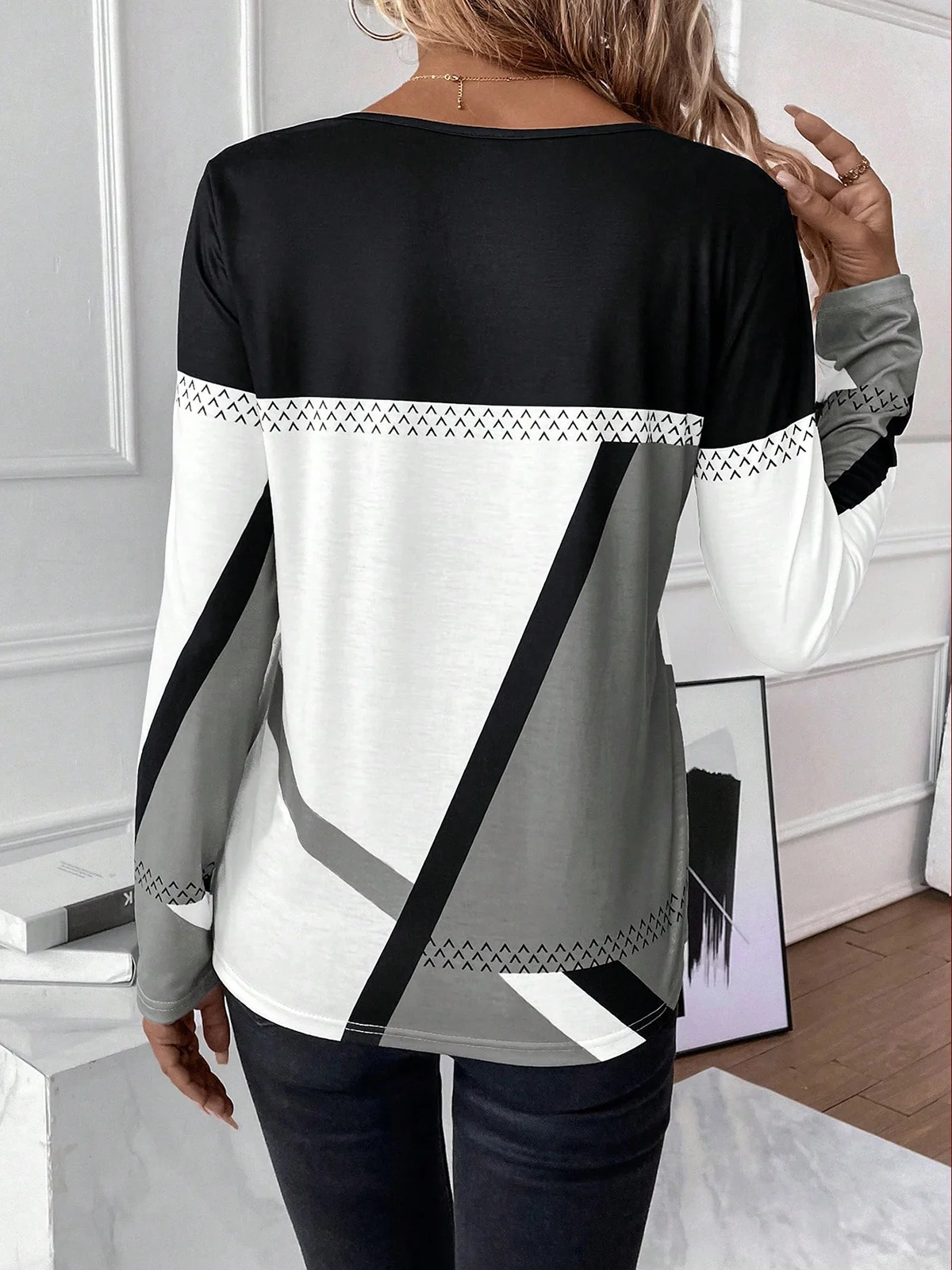 Casual Color Block Crew Neck Long Sleeve T-shirt