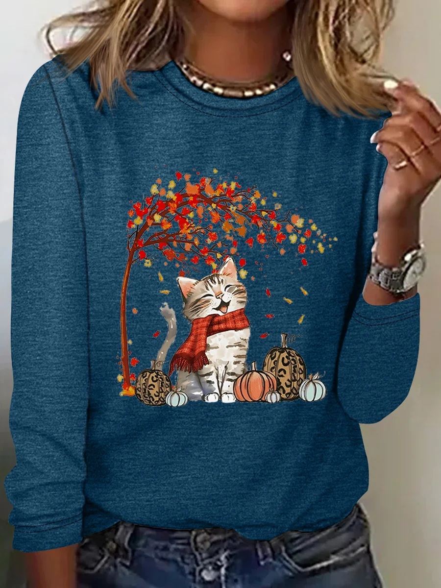 Crew Neck Long Sleeve Cat Regular Micro-Elasticity Regular Fit Blouse For Women