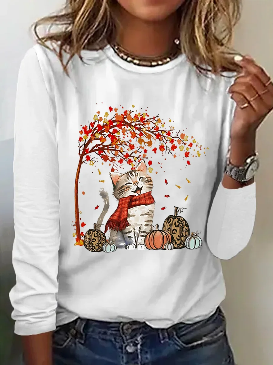 Crew Neck Long Sleeve Cat Regular Micro-Elasticity Regular Fit Blouse For Women