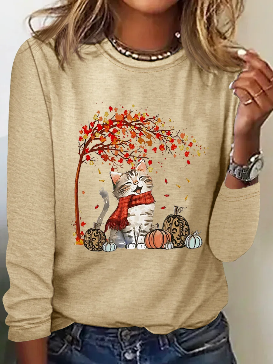 Crew Neck Long Sleeve Cat Regular Micro-Elasticity Regular Fit Blouse For Women