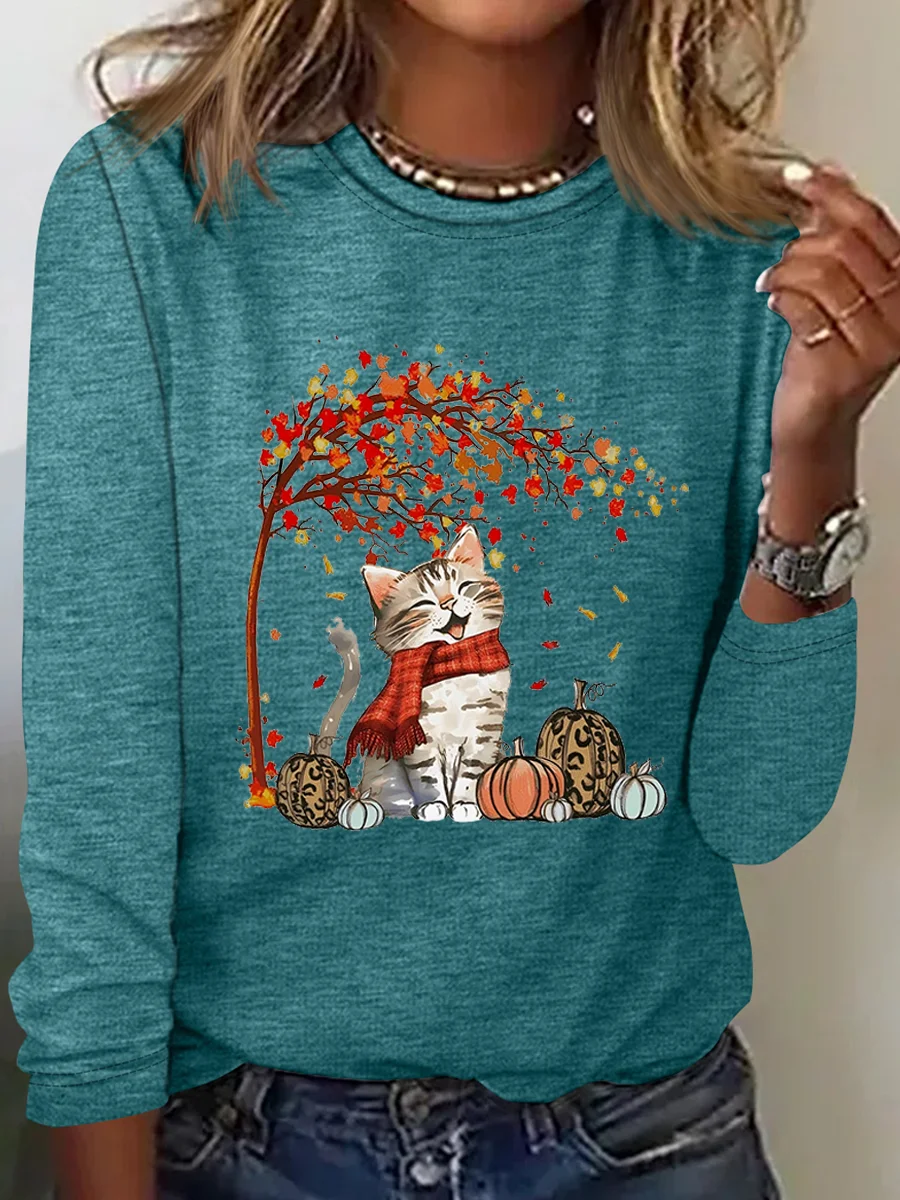 Crew Neck Long Sleeve Cat Regular Micro-Elasticity Regular Fit Blouse For Women